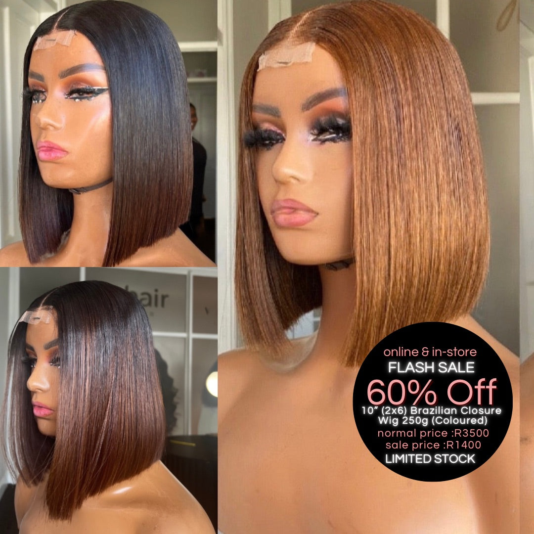 FLASH SALE 10” (2x6) Brazilian Closure Wig 250g + Colour