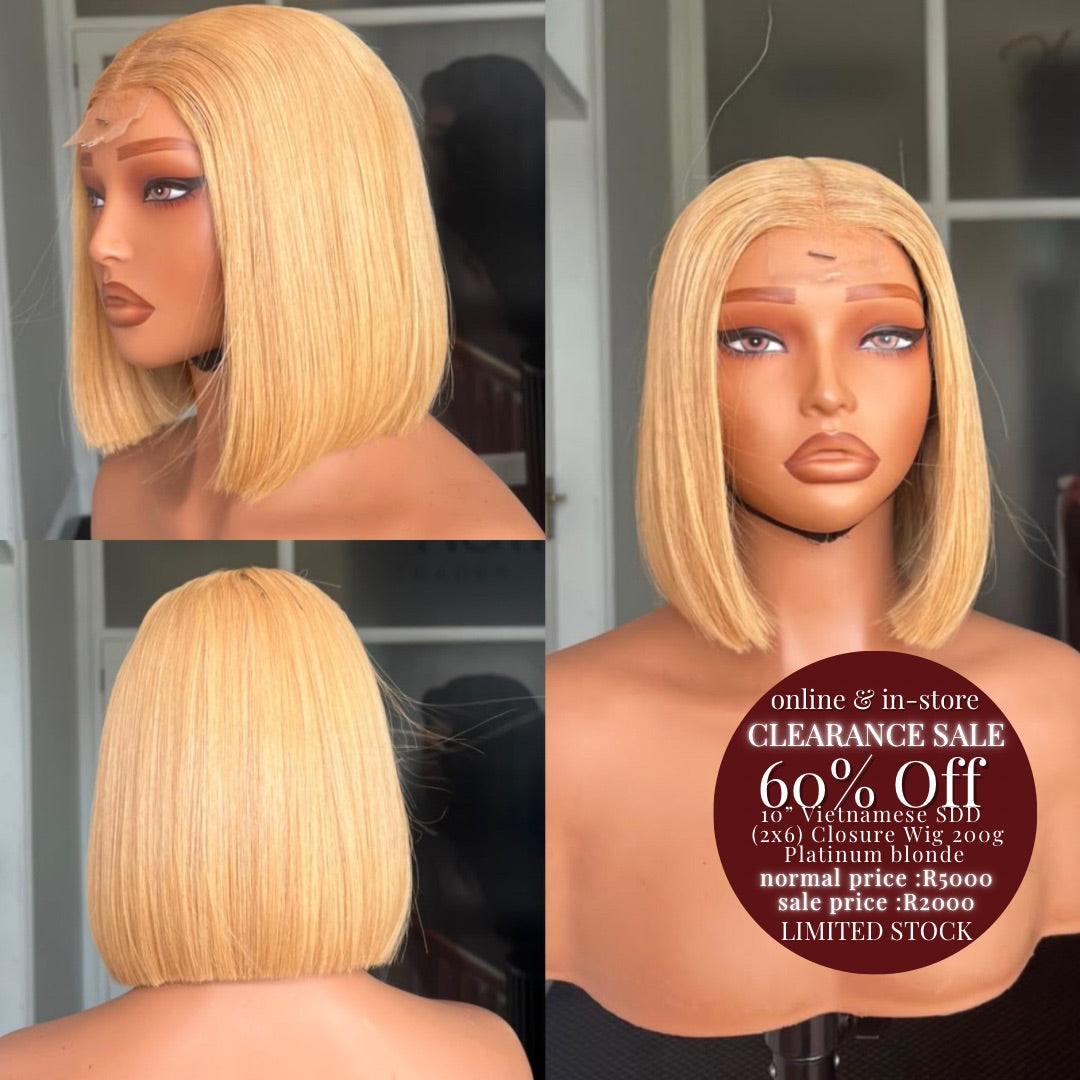CLEARANCE 10” Vietnamese SDD    (2x6) Closure Wig 200g  Platinum blonde
